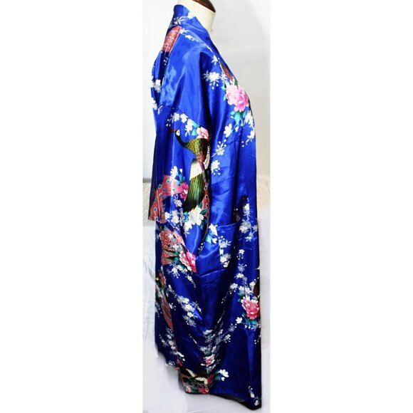 Blue Satin Japanese Kimono Style Floral Peacock Womens M Short Tie Robe - Picture 8 of 12